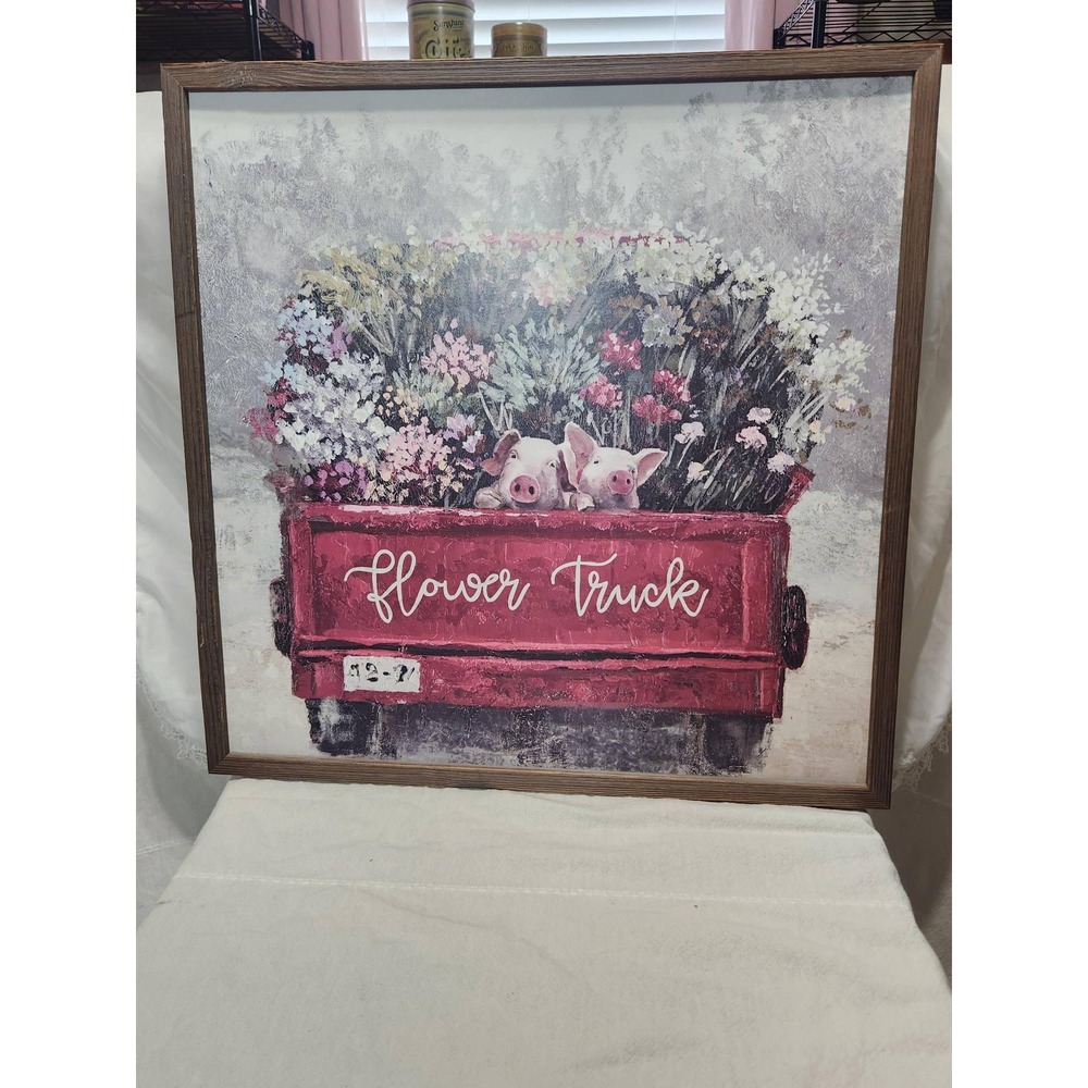 Farmhouse Piglets in Red Flower Truck Framed Canvas Wall Art Country Decor